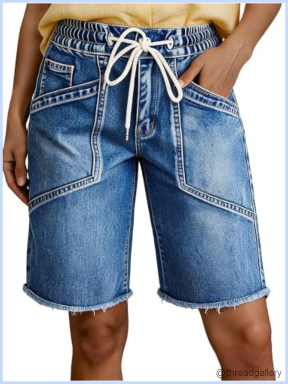 High Waisted Denim Bermuda Shorts Raw Hem Adjustable Drawstring Cotton Casual
